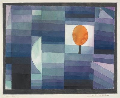 Høstens budbringer (grønn / lilla gradering med oransje aksent). 1922 av Paul Klee