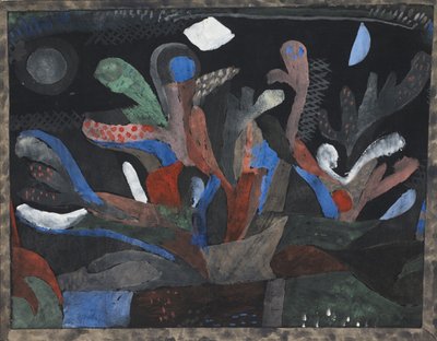 Bilde av en hage i mørke farger Dunkelbuntes Gartenbild, 1923 av Paul Klee