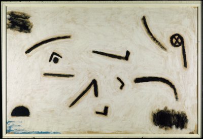 Uten tittel (skilt på svart bakgrunn), C.1940 (farge og lim på papir) av Paul Klee
