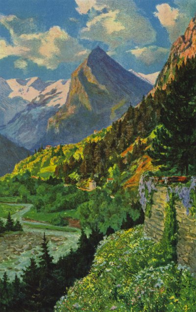 Swiss Spas: Acquarossa, utsikt oppover Blenio-dalen (farge litho) av Paul Kutscha