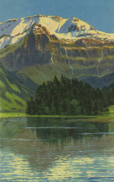 Swiss Spas: Lenk i S, Lake of Lenk og Wildstrubel (farge litho) av Paul Kutscha