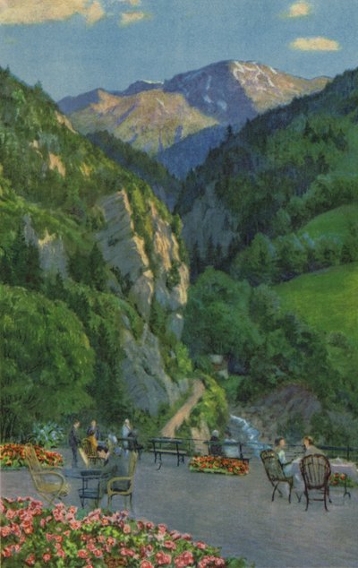 Swiss Spas: Passugg, Kurhaus Garden Terrace (farge litho) av Paul Kutscha