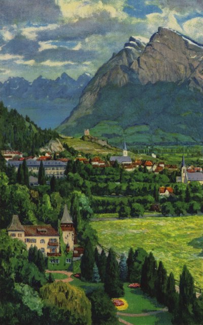 Swiss Spas: Ragaz, med Churfirsten og Gonzen (farge litho) av Paul Kutscha