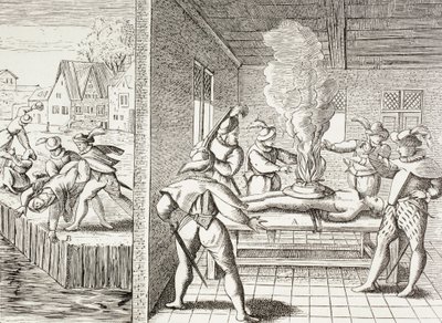 Propaganda fra 1500-tallet som illustrerer gueux-folkets vold mot katolikkene. av Paul Lacroix