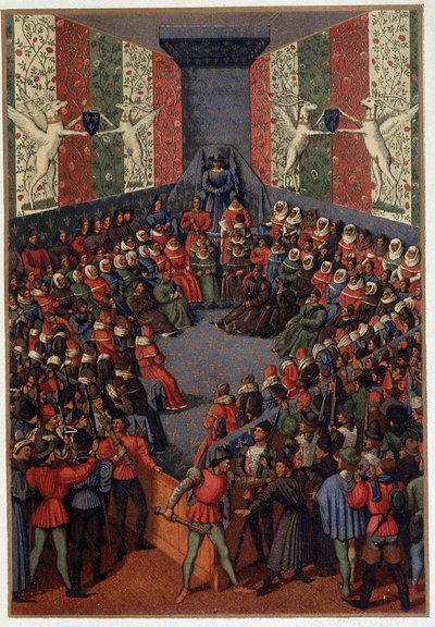 Charles VII presiderte over dommen til John, hertugen av Alencon (alliert med engelskmennene) i Vendome i 1458 - etter miniatyren til Fouquet, i "" Militært og religiøst liv i middelalderen og renessansen" av Paul Lacroix, Paris av Paul Lacroix