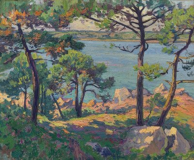 Furutrær ved Trieux-elven. 1913 av Paul Madeline