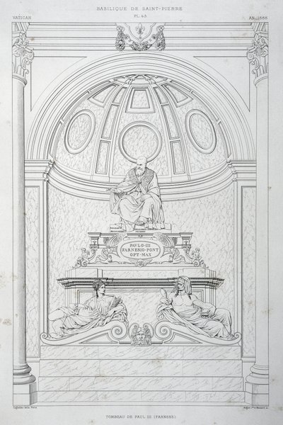 Begravelsesmonument til pave Paul III (Farnese), gravering fra Vatikanet og Peterskirken av Paul Marie Letarouilly
