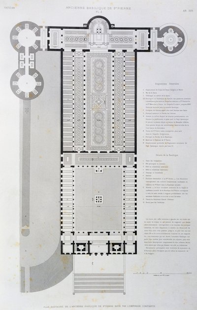 Restaurert layout av den gamle basilikaen bygget av keiser Konstantin, gravering fra Vatikanet og Peterskirken av Paul Marie Letarouilly