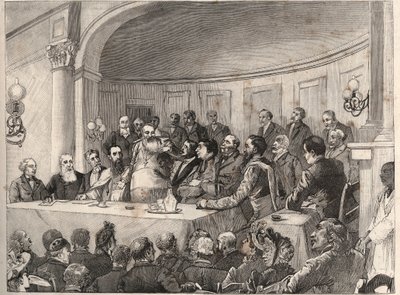 Antislaverikongressen holdt i Paris 21., 22. og 23. september 1890 i Geography Society i nærvær av Jules Simon, Emile Keller og Monseigneur Lavigerie. Gravering etter Paul Merwarts tegning i "The Illustrous World" fra 1890. av Paul Merwart