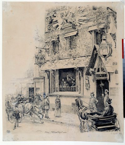 Utsikt over inngangen til Cabaret du Chat Noir. Blekktegning av Paul Merwart (1855-1902) Paris fra 1800-tallet, Musee Carnavalet av Paul Merwart