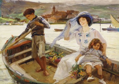 En mor og et barn blir ferget over en elv med en by utenfor av Paul Michel Dupuy