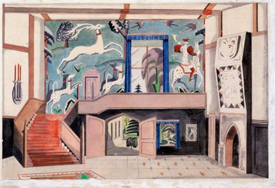 Interiørdesign, ca. 1920-30-tallet (akvarell på papir) av Paul Nash