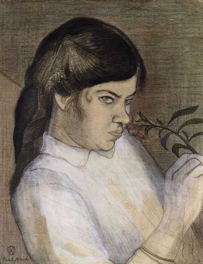 Portrett av Barbara Nash, kunstnerens søster, ca. 1911-12 (blyant, svart og farget fargestift, akvarell og kroppsfarge he) av Paul Nash