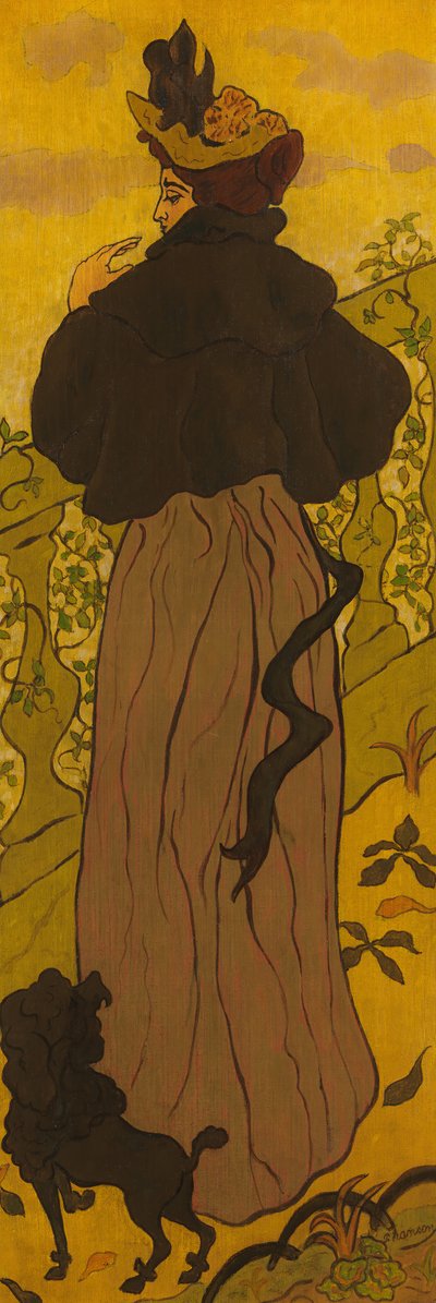 Kvinne som står ved siden av en balustrade med en puddel, ca. 1895. av Paul Elie Ranson
