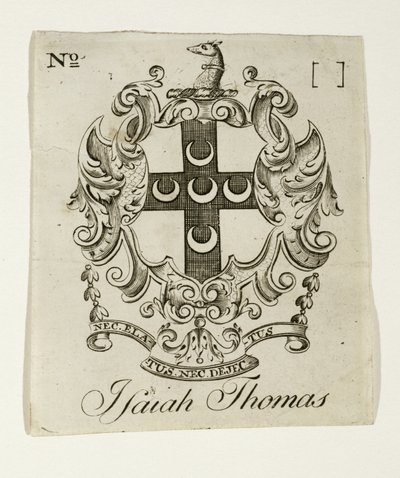 Bokskilt for Isaiah Thomas (1749-1831), ca. 1765-1770 (gravering på lagt papir) av Paul Revere