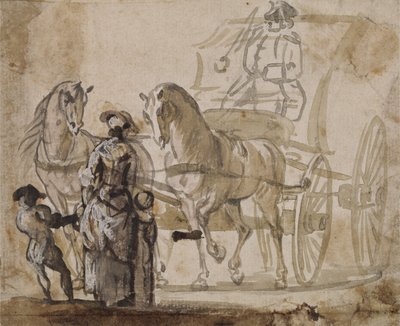 En vogn og et par, med kusk (grå og brun vask forhøyet med hvitt på papir) av Paul Sandby