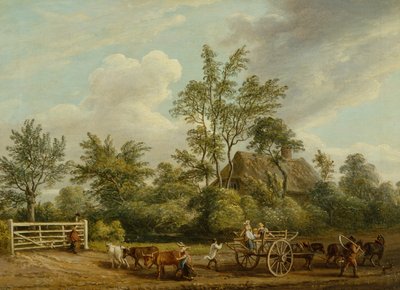 En høyvogn med gårdsarbeidere og storfe nær Easton Park, Suffolk (olje på lerret) av Paul Sandby