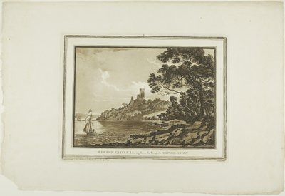 Benton Castle ser nedover Reach til Milford Haven, fra tolv utsikter i Aquatinta fra tegninger tatt på stedet i Sør-Wales av Paul Sandby