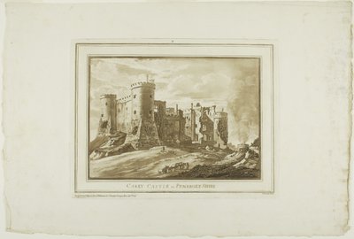 Carey Castle i Pembroke Shire, fra Twelve Views in Aquatinta fra tegninger tatt på stedet i Sør-Wales av Paul Sandby