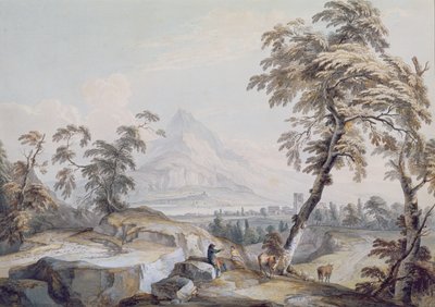 Italiensk landskap med reisende, nr. 1 (w/c på papir) av Paul Sandby