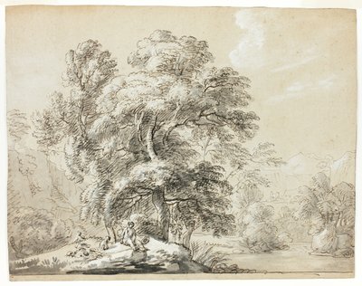 Mann og hund sitter under trær ved elven av Paul Sandby