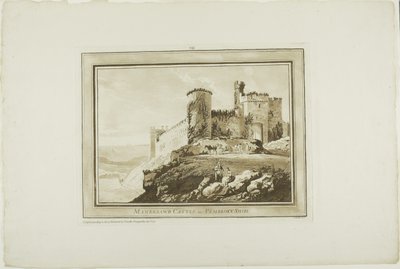 Manerbawr Castle i Pembroke Shire, fra Twelve Views in Aquatinta fra tegninger tatt på stedet i Sør-Wales av Paul Sandby