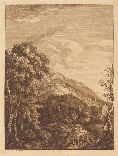 Fjelllandskap med en foss, rundetårn, slott og Banditti av Paul Sandby