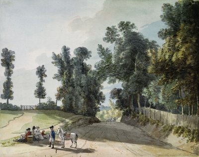 På veien til Tonbridge: Reisende hviler på et band ved siden av veien, av Paul Sandby