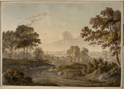Oxford [grafikk]. Hyrde som gjeter sauer på veien mot Oxford, som er synlig i horisonten opplyst av solnedgangens glød. av Paul Sandby
