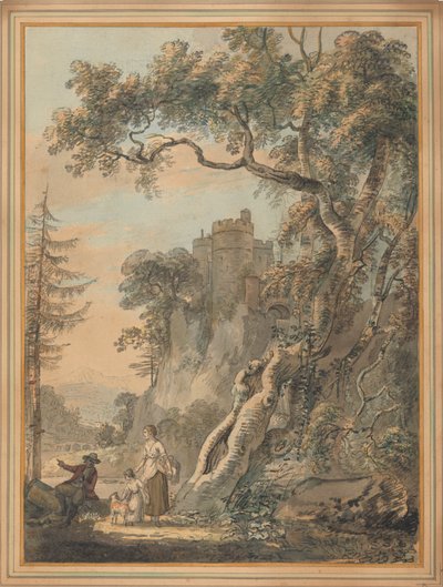 Romantisk landskap - Bønder ved foten av et slott på en stein av Paul Sandby