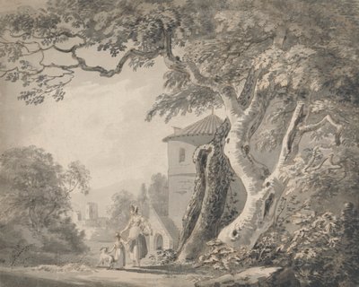 Romantisk landskap med figurer og en hund av Paul Sandby