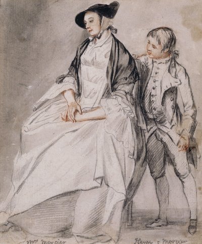 Studie av fru Mercier sittende i en stol, og hennes yngste sønn, Henry Mercier som står bak henne, av Paul Sandby