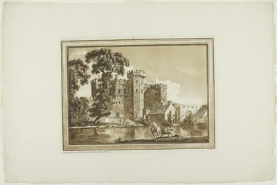 South Gate of Cardiff Castle i Glamorgan Shire, fra tolv visninger i akvatint fra tegninger tatt på stedet i Sør-Wales av Paul Sandby