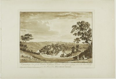 Wynnstay, sete for Sir Watkin Williams Wynn Bart fra en hytte over den nye broen over elven Dee, Denbigh Shire av Paul Sandby
