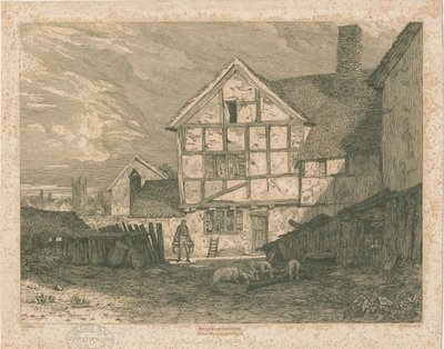 Wolverhampton - Ruinene av et bindingsverkshus: stålgravering, nd [c 1815] av Paul Sandby Munn
