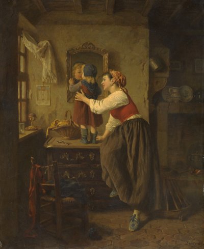Kvinne og barn foran et speil, 1870-tallet av Paul Seignac