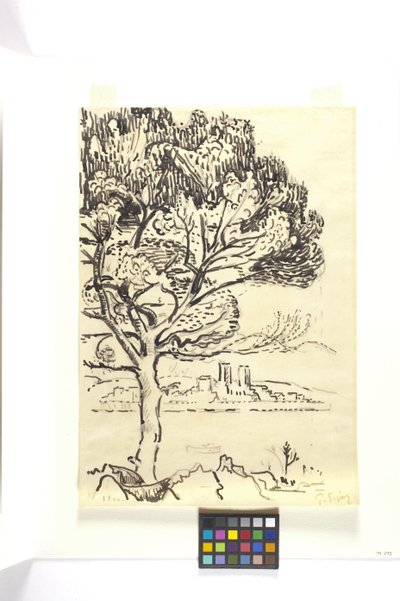 Antibes, Paraply Pine In The Foreground (Antibes, Pin Pignon Au Premier Plan) (svart blekktegning med svart blyant på brunt vevd papir) av Paul Signac