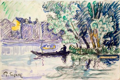 Fisker i en båt nær Seinebredden, ca 1900 av Paul Signac