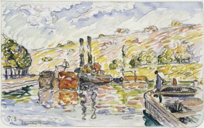 Elvelandskap med slepebåter og lektere av Paul Signac