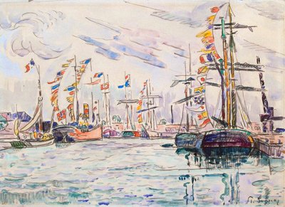 Seilbåter med ferieflagg ved en brygge i Saint-Malo, 1920-tallet. av Paul Signac
