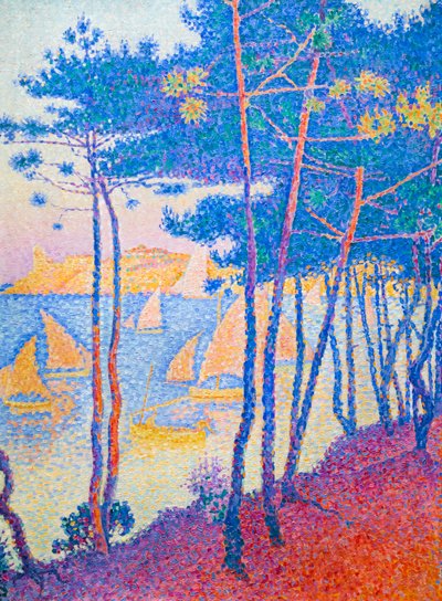 Seilbåter og furutrær, ca. 1896 (olje på lerret) av Paul Signac