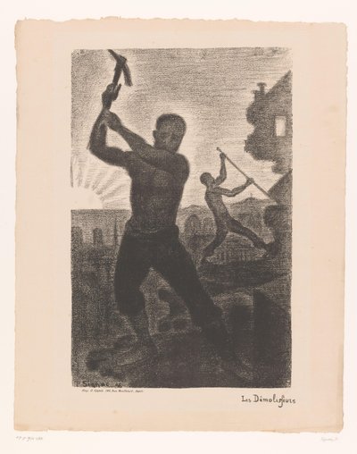 To menn river en bygning Les demolisseurs (tittel på objekt) av Paul Signac
