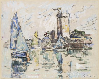 Utsikt over havnen ved Les Sables-d'Olonne (svart kritt med akvarell på silkepapir, lagt ned på blekt brunfarget papir) av Paul Signac