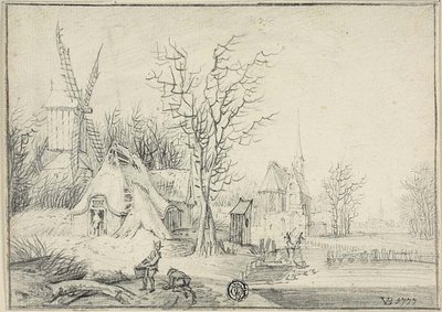 Landsby med vindmølle og kirke av Paul Theodor van Brussel