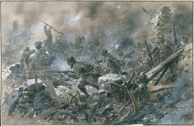 Første verdenskrig (1914-1918): “” Et motangrep i landsbyen Vaux i 1916 på forsiden av Verdun””” Akvarell av Paul Thiriat Paris. Musee, Des deux guerre mondiale DR - Fransk motangrep på landsbyen Vaux nær Verdun av Paul Thiriat