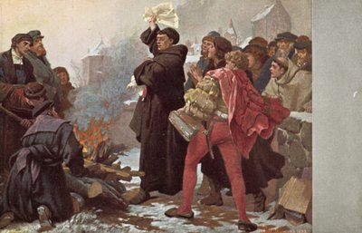 Martin Luther brenner den pavelige oksen og truet ham med ekskommunikasjon foran Elstertor i Wittenberg, Tyskland, 10. desember 1520 av Friedrich Paul Thumann