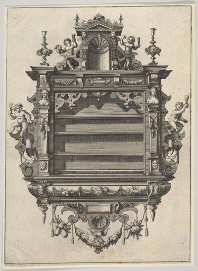 Veggmontert hylle fra Verscheyden Schrynwerck ... [Plusieurs Menuiseries ...], 1658. av Paul Vredeman de Vries