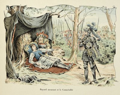 Illustrasjon hentet fra boken "Histoire du chevalier Bayard" av Theodore Cahu, illustrert av Paul De Semant (1855-1915): Bayard dying and Le Connetable de Bourbon 1524 av Paul de Semant