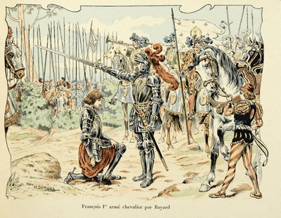 Illustrasjon hentet fra boken "Histoire du chevalier Bayard" av Theodore Cahu, illustrert av Paul De Semant (1855-1915): Francois 1, er arme chevalier par Bayard 1515 av Paul de Semant