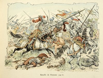 Illustrasjon hentet fra boken "Histoire du chevalier Bayard" av Theodore Cahu, illustrert av Paul De Semant (1855-1915): Slaget ved Fornoua 1495 av Paul de Semant